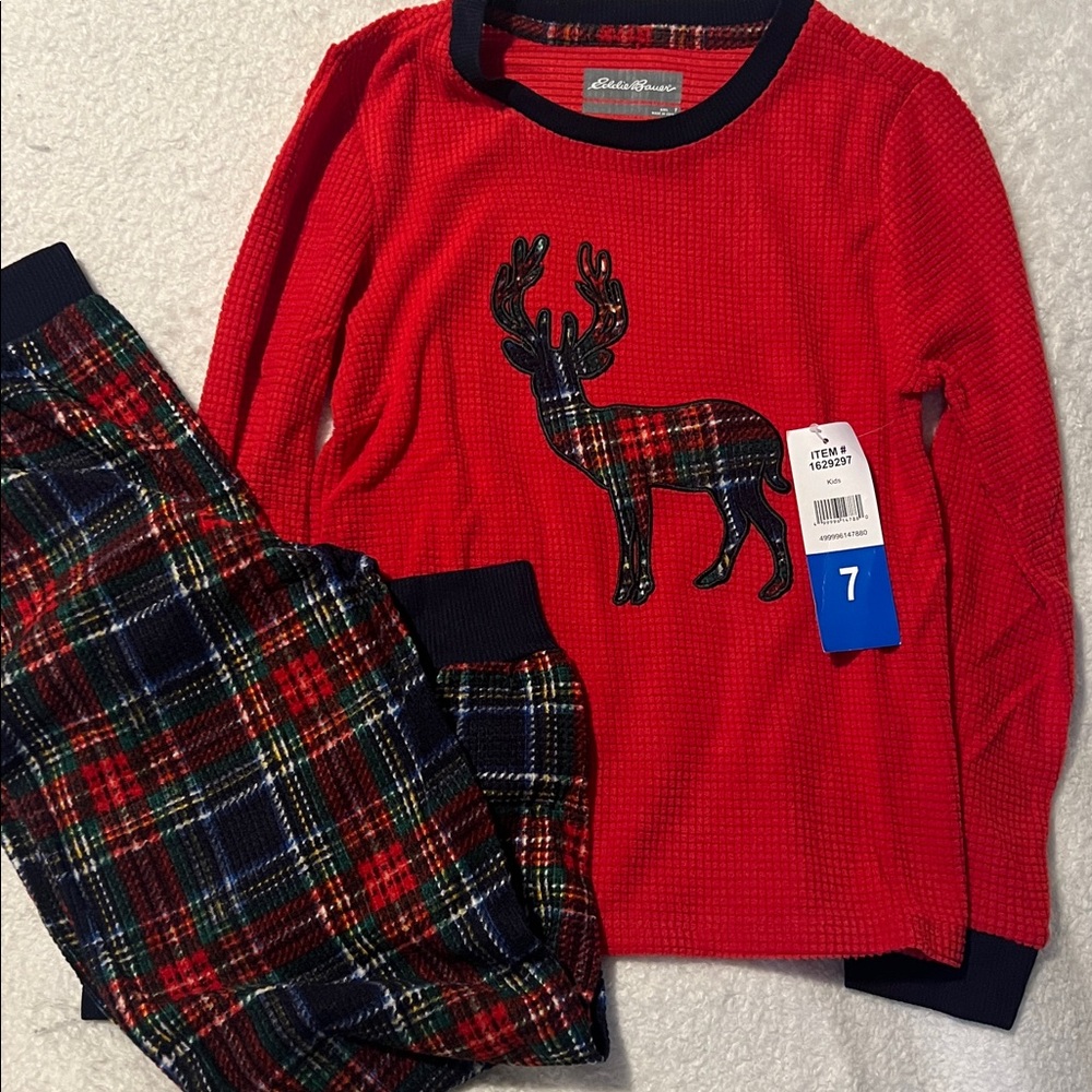 Eddie Bauer Red Long Sleeve Shirt with Moose Design Christmas pajamas, size 7